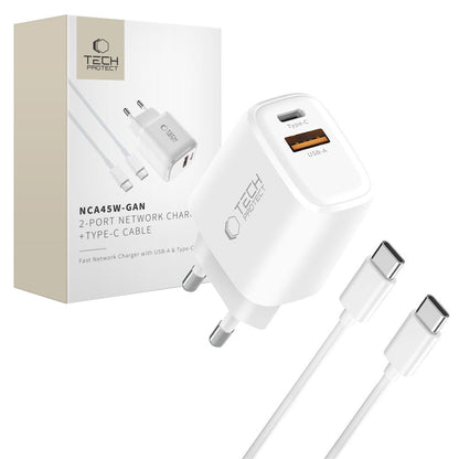 Incarcator Retea Cu Cablu USB-C Tech-Protect NCA45W, 45W, 3A, 1 x USB-A - 1 x USB-C, Alb