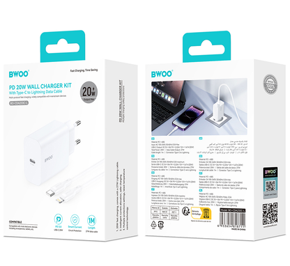 Incarcator Retea Cu Cablu Lightning BWOO CDA233, 20W, 3A, 1 x USB-C, Alb