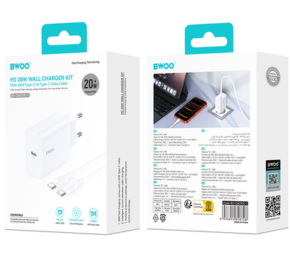 Incarcator Retea Cu Cablu USB-C BWOO CDA233, 20W, 3A, 1 x USB-C, Alb