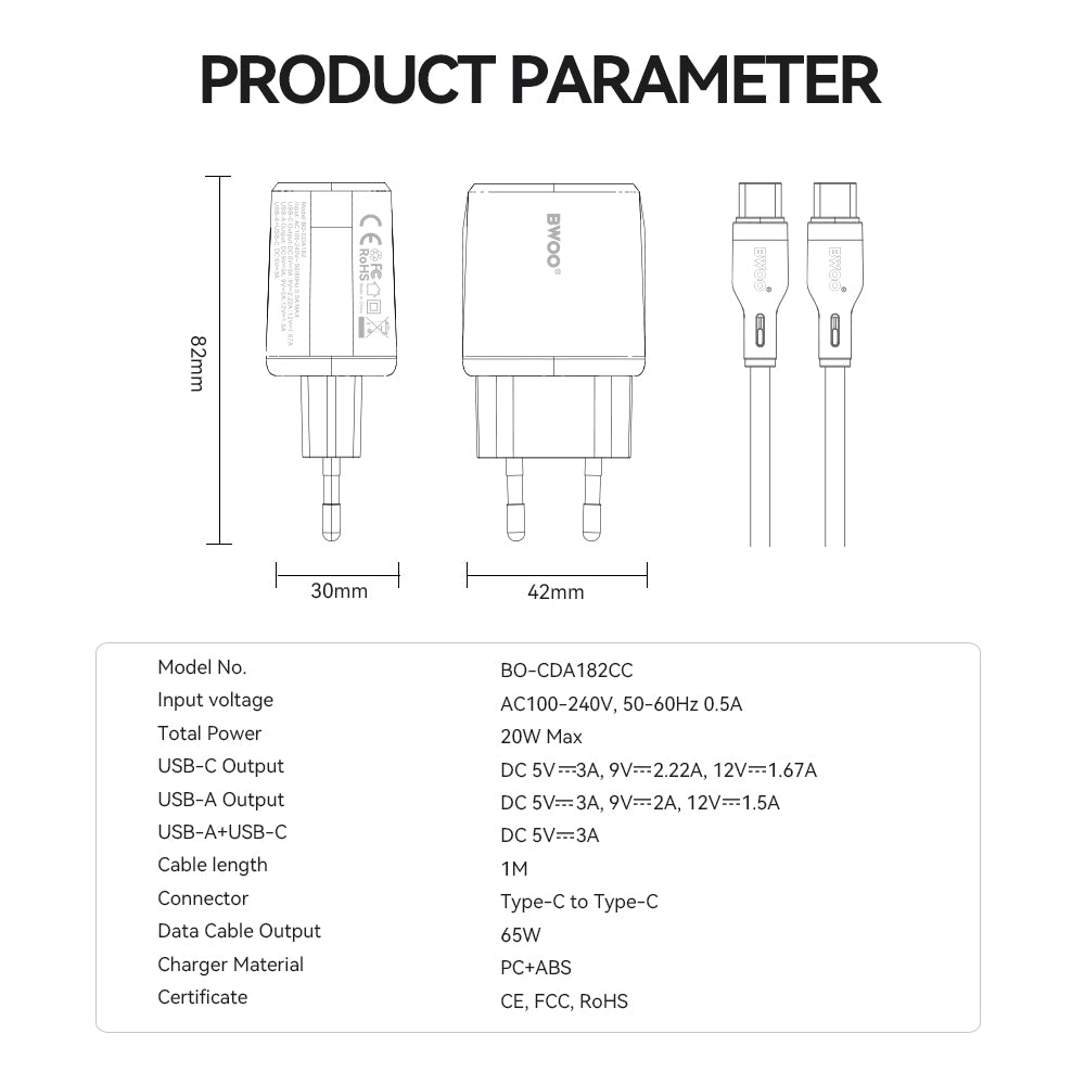 Incarcator Retea Cu Cablu USB-C BWOO CDA182, 38W, 3A, 1 x USB-A - 1 x USB-C, Alb
