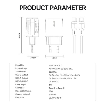 Incarcator Retea Cu Cablu USB-C BWOO CDA182, 38W, 3A, 1 x USB-A - 1 x USB-C, Alb
