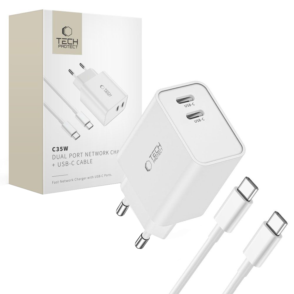 Incarcator Retea Cu Cablu USB-C Tech-Protect C35W, 35W, 3A, 2 x USB-C, Alb