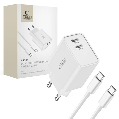 Incarcator Retea Cu Cablu USB-C Tech-Protect C35W, 35W, 3A, 2 x USB-C, Alb