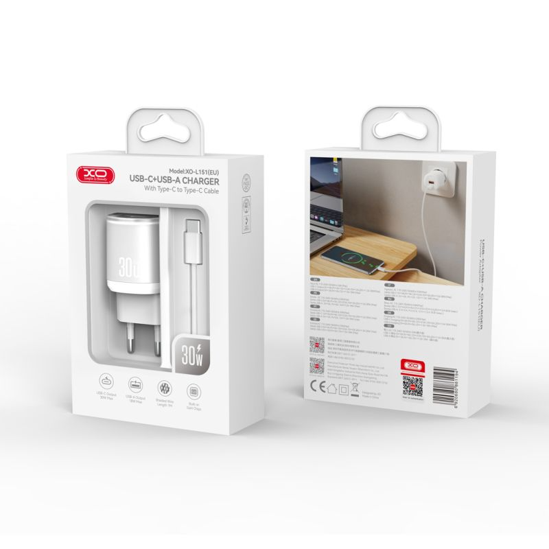 Incarcator Retea Cu Cablu USB-C XO Design L151, 30W, 3A, 1 x USB-A - 1 x USB-C, Alb