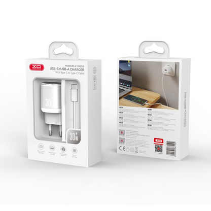 Incarcator Retea Cu Cablu USB-C XO Design L151, 30W, 3A, 1 x USB-A - 1 x USB-C, Alb