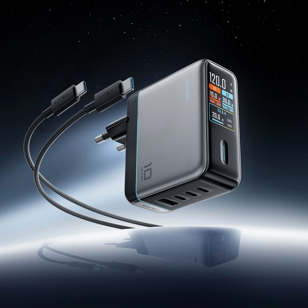 Incarcator Retea Cu Cablu USB-C Cuktech AD1204U Display, 120W, 6A, 1 x USB-A - 2 x USB-C, Argintiu