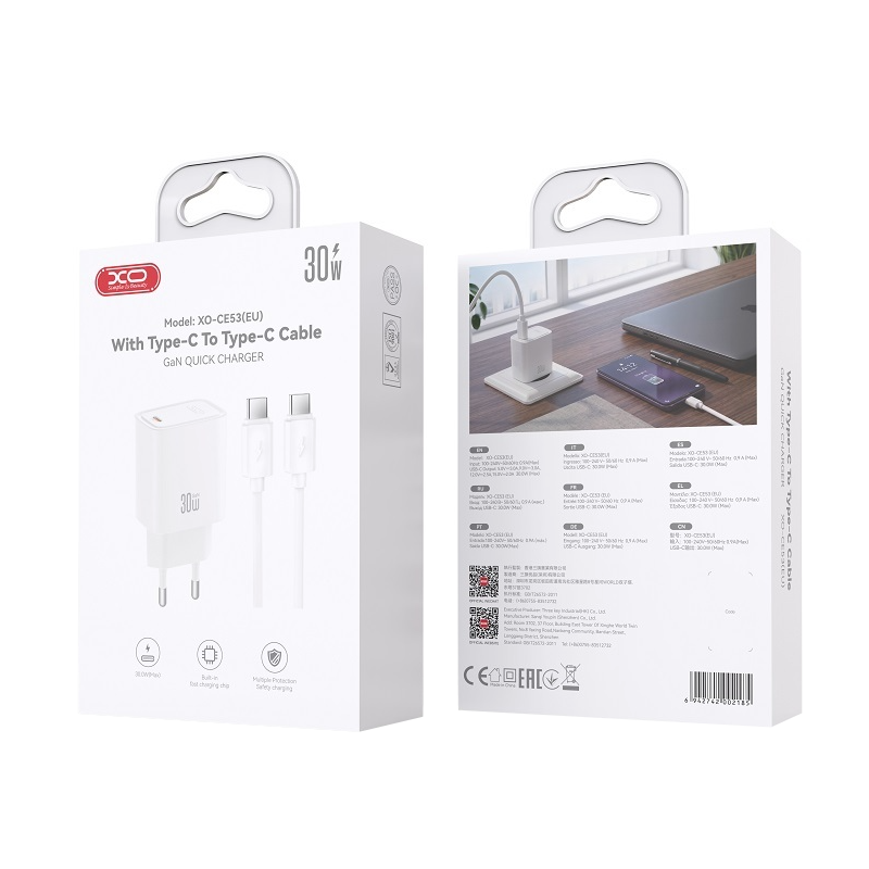 Incarcator Retea Cu Cablu USB-C XO Design CE53, 30W, 3A, 1 x USB-C, Alb