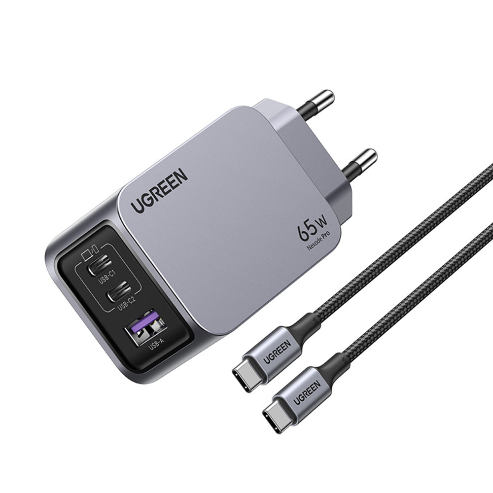 Incarcator Retea Cu Cablu USB-C UGREEN X755 Nexode Pro, 65W, 3A, 1 x USB-A - 2 x USB-C, Gri