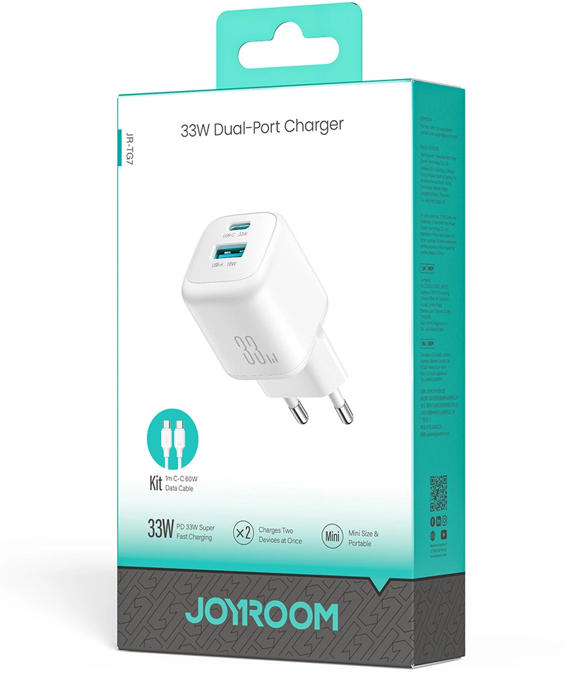 Incarcator Retea Cu Cablu USB-C Joyroom JR-TG7, 33W, 3A, 1 x USB-A - 1 x USB-C, Alb