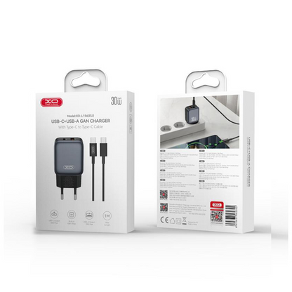 Incarcator Retea Cu Cablu USB-C XO Design L156, 30W, 3A, 1 x USB-A - 1 x USB-C, Negru