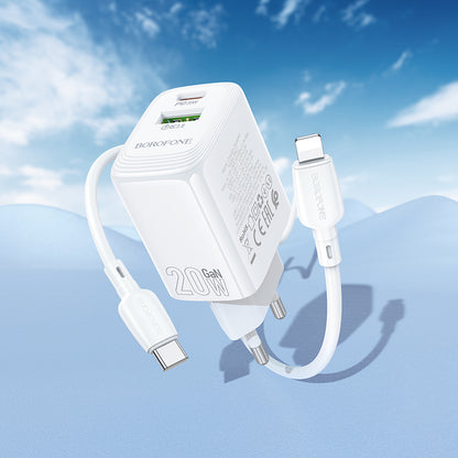 Incarcator Retea Cu Cablu Lightning Borofone BN27 Fuente, 20W, 3A, 1 x USB-A - 1 x USB-C, Alb