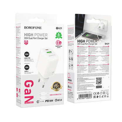 Incarcator Retea Cu Cablu USB-C Borofone BN29 Fuente, 30W, 3A, 1 x USB-A - 1 x USB-C, Alb