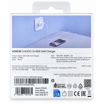 Incarcator Retea Cu Cablu USB-C Honor Choice CP045E, 45W, 3A, 1 x USB-C, Alb 5504ALHP