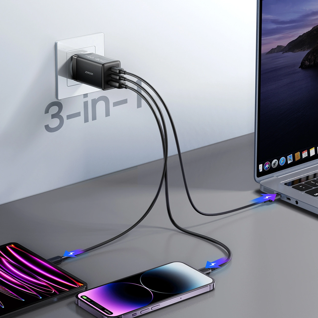 Incarcator Retea Cu Cablu USB-C Joyroom JR-TG10, 65W, 3.25A, 1 x USB-A - 2 x USB-C, Negru