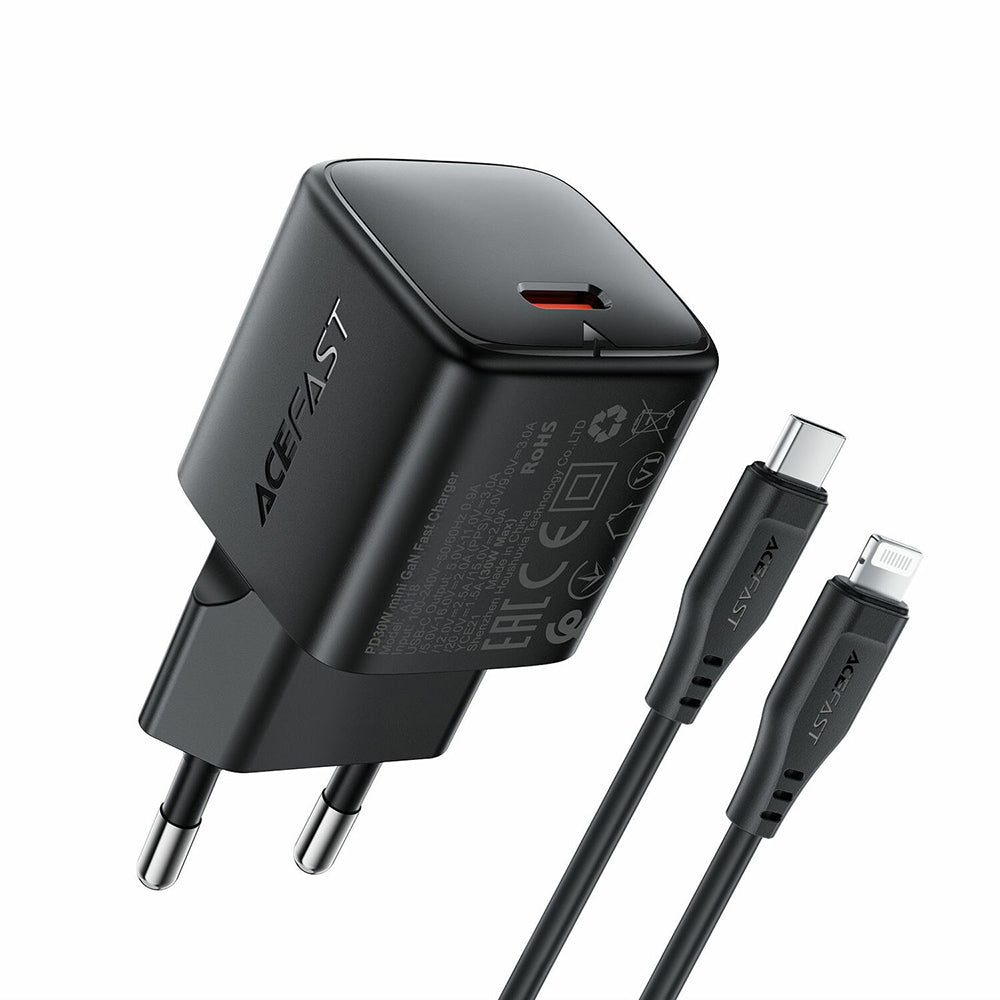 Incarcator Retea Cu Cablu Lightning Acefast A118, 30W, 3A, 1 x USB-C, Negru