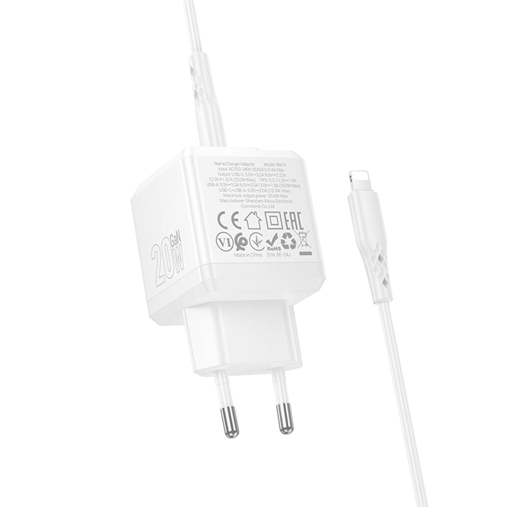 Incarcator Retea Cu Cablu Lightning Borofone BN19 Intenso, 20W, 3A, 1 x USB-A - 1 x USB-C, Alb