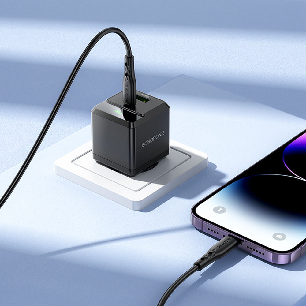 Incarcator Retea Cu Cablu Lightning Borofone BN19 Intenso, 20W, 3A, 1 x USB-A - 1 x USB-C, Negru