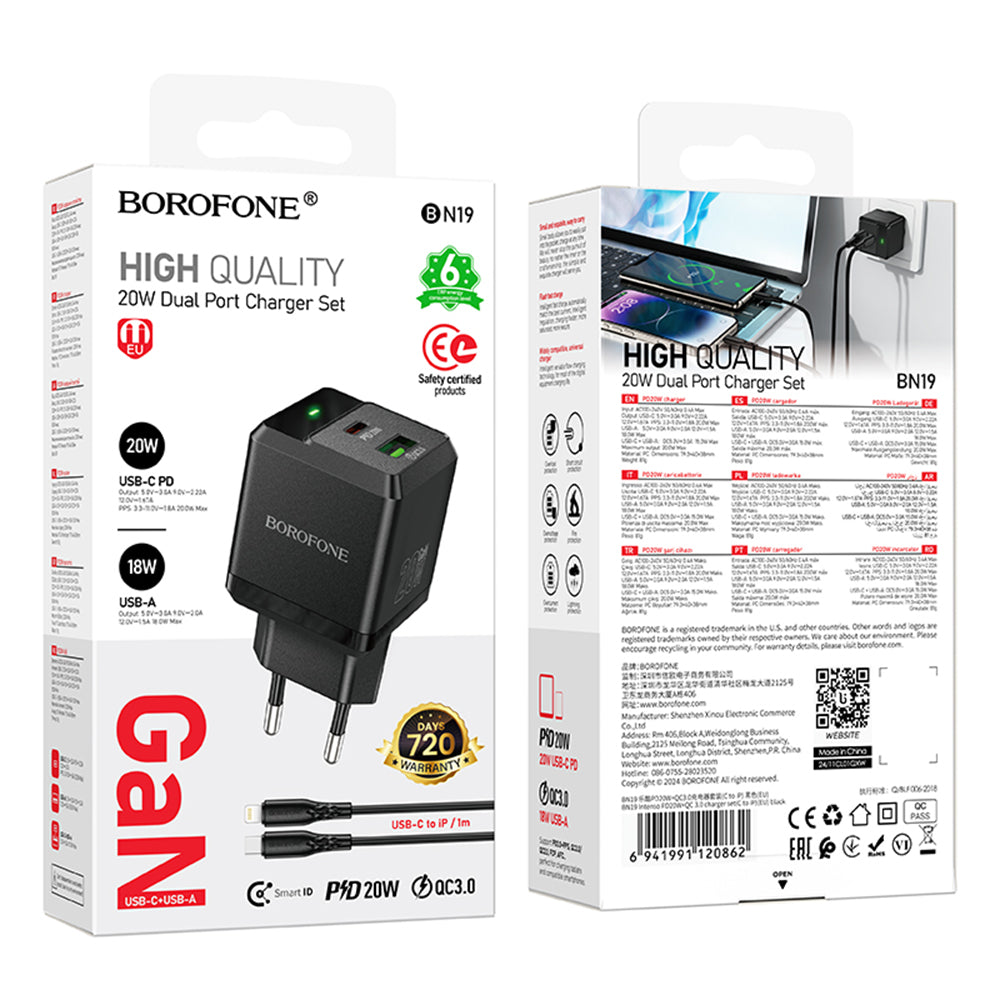 Incarcator Retea Cu Cablu Lightning Borofone BN19 Intenso, 20W, 3A, 1 x USB-A - 1 x USB-C, Negru