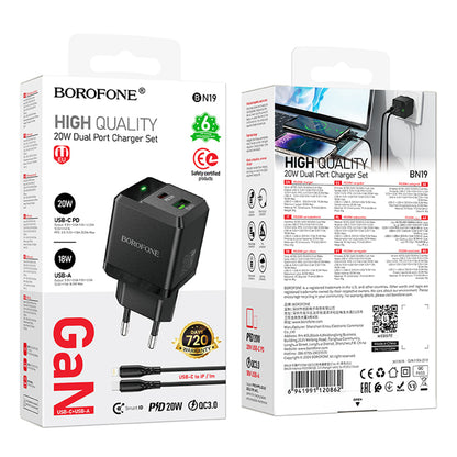 Incarcator Retea Cu Cablu Lightning Borofone BN19 Intenso, 20W, 3A, 1 x USB-A - 1 x USB-C, Negru
