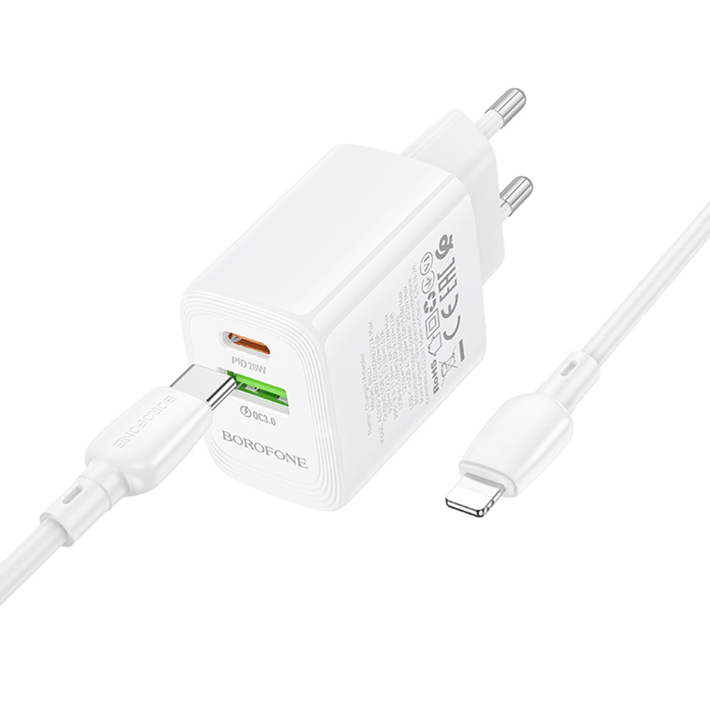 Incarcator Retea Cu Cablu Lightning Borofone BN27 Fuente, 20W, 3A, 1 x USB-A - 1 x USB-C, Alb