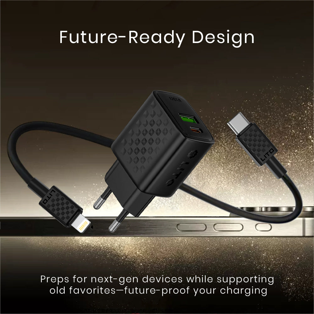 Incarcator Retea Cu Cablu Lightning Lito LC15L, 20W, 3A, 1 x USB-A - 1 x USB-C, Negru