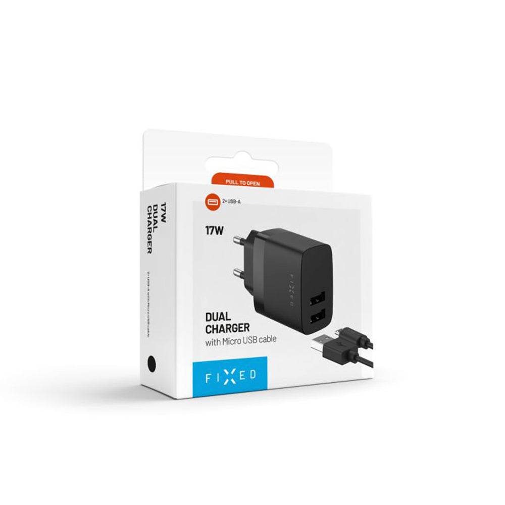 Incarcator Retea Cu Cablu microUSB Fixed, 17W, 3A, 2 x USB-A, Negru