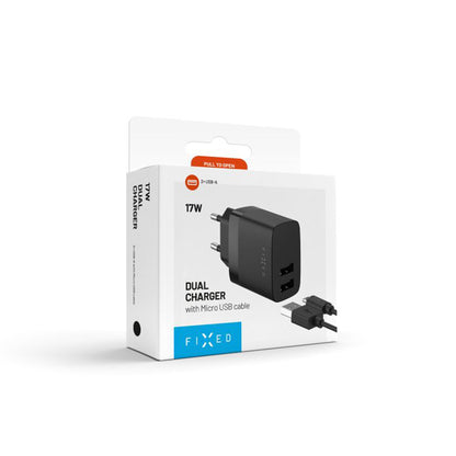 Incarcator Retea Cu Cablu microUSB Fixed, 17W, 3A, 2 x USB-A, Negru