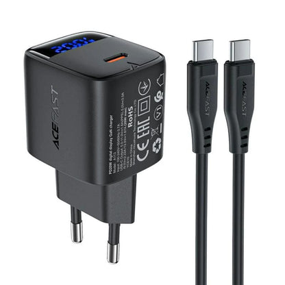 Incarcator Retea Cu Cablu USB-C Acefast A113 Display, 20W, 3A, 1 x USB-C, Negru