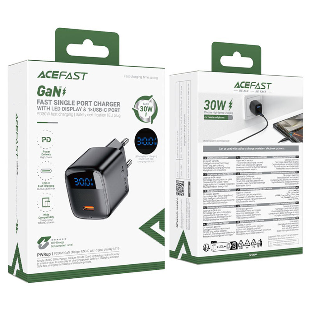 Incarcator Retea Cu Cablu USB-C Acefast A113 Display, 20W, 3A, 1 x USB-C, Negru