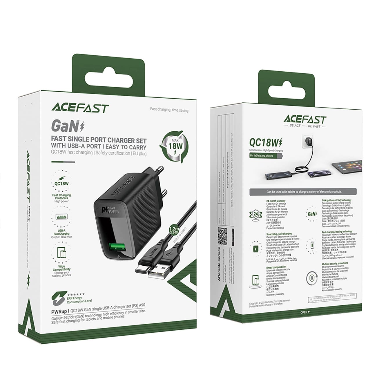 Incarcator Retea Cu Cablu USB-C Acefast A90, 18W, 3A, 1 x USB-A, Negru