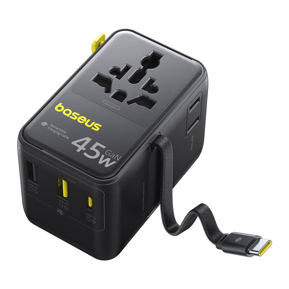 Incarcator Retea Cu Cablu USB-C Baseus Travel PicoGo AG11, 45W, 2 x Priza - 1 x USB-C - 2 x USB-A, Negru E0307F00