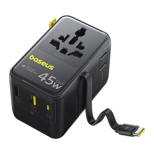 Incarcator Retea Cu Cablu USB-C Baseus Travel PicoGo AG11, 45W, 2 x Priza - 1 x USB-C - 2 x USB-A, Negru E0307F00