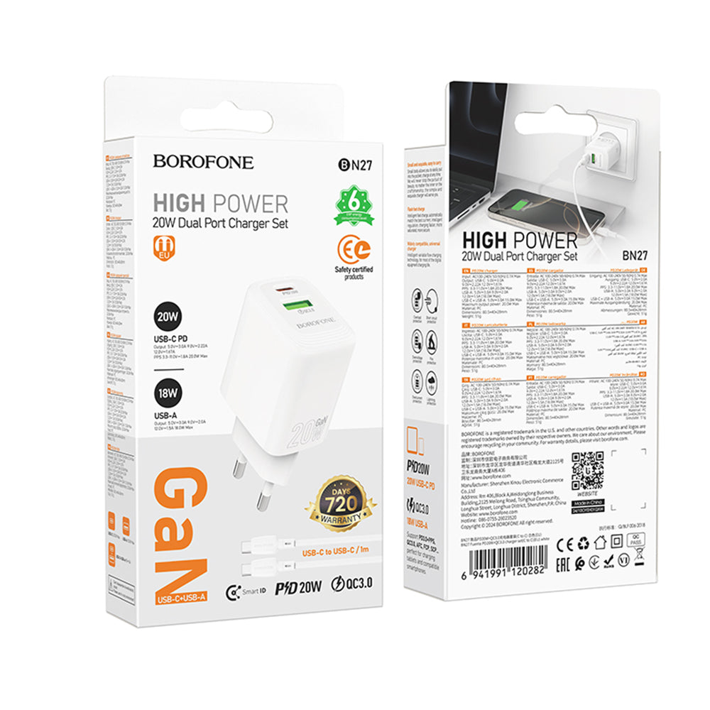 Incarcator Retea Cu Cablu USB-C Borofone BN27 Fuente, 20W, 3A, 1 x USB-A - 1 x USB-C, Alb