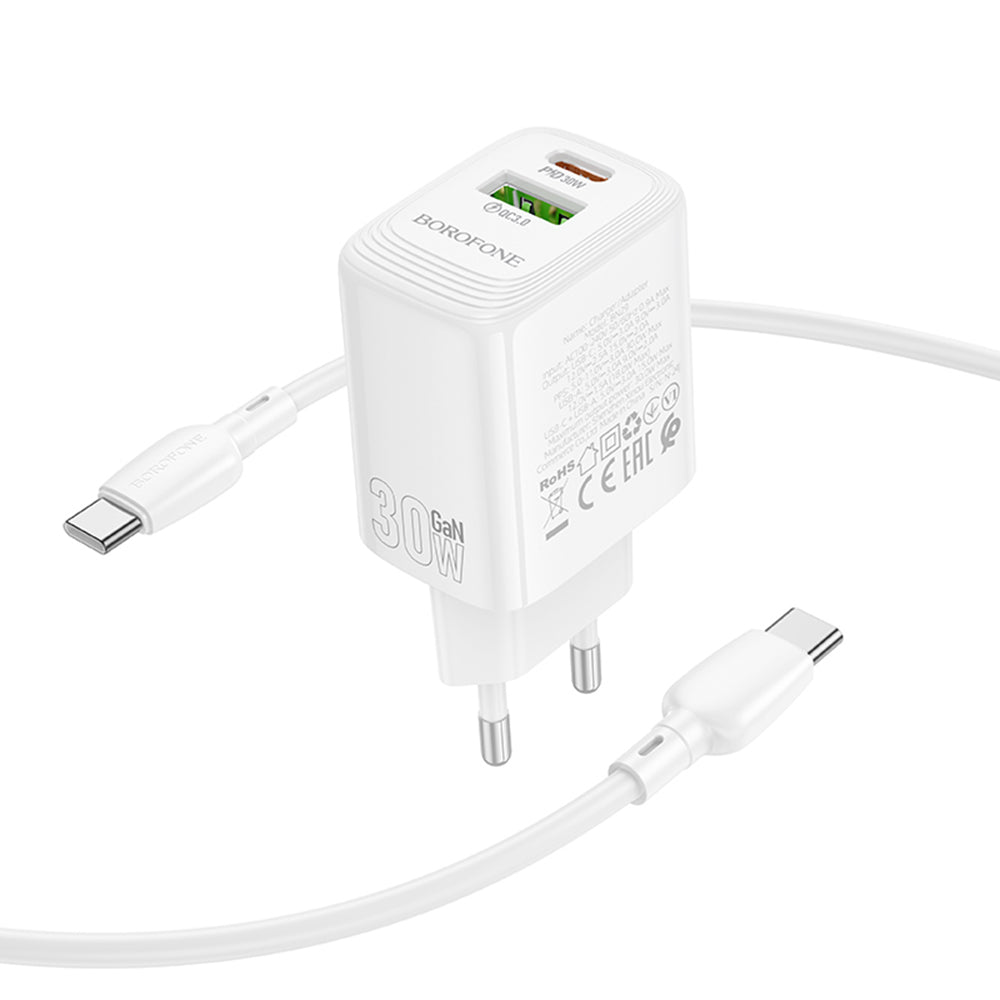 Incarcator Retea Cu Cablu USB-C Borofone BN29 Fuente, 30W, 3A, 1 x USB-A - 1 x USB-C, Alb