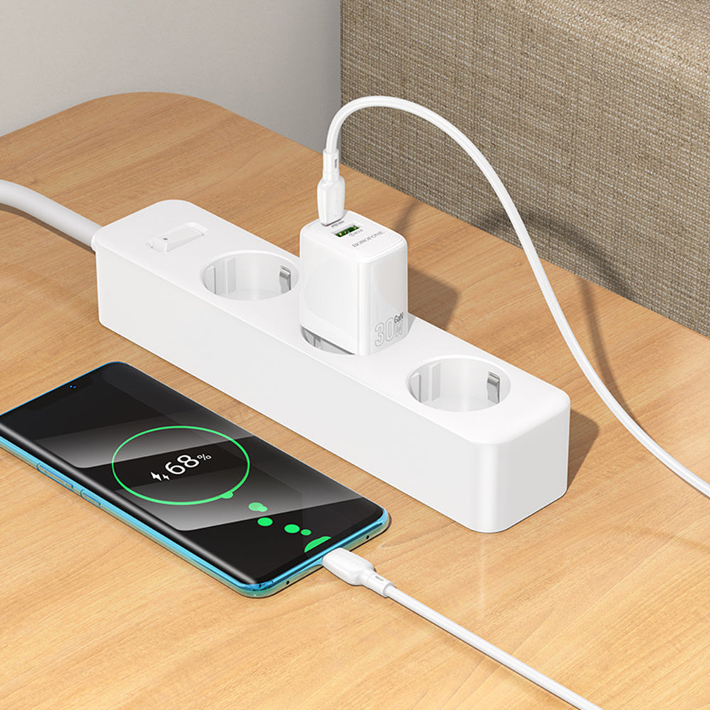 Incarcator Retea Cu Cablu USB-C Borofone BN29 Fuente, 30W, 3A, 1 x USB-A - 1 x USB-C, Alb