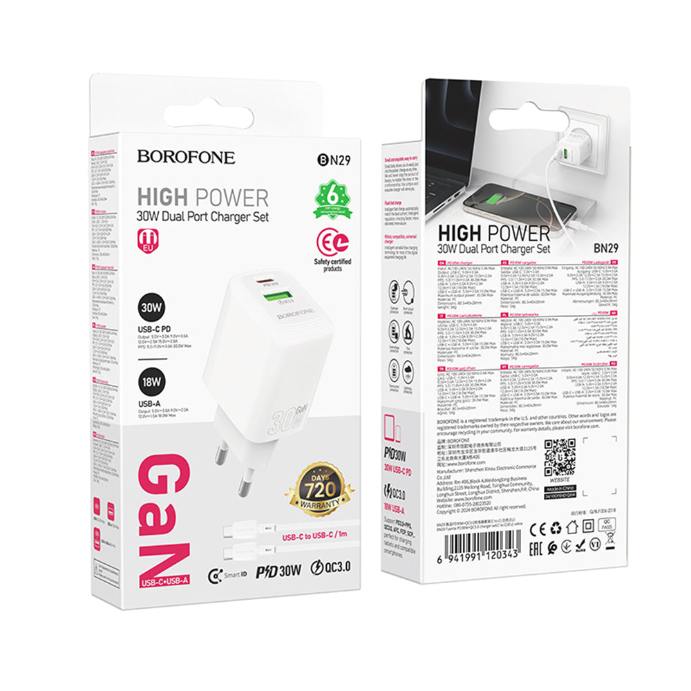 Incarcator Retea Cu Cablu USB-C Borofone BN29 Fuente, 30W, 3A, 1 x USB-A - 1 x USB-C, Alb