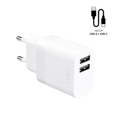 Incarcator Retea Cu Cablu USB-C Fixed, 17W, 3A, 2 x USB-A, Alb