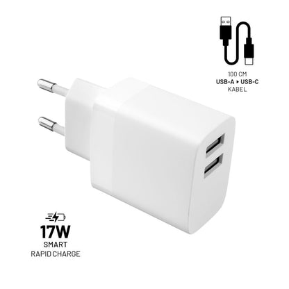 Incarcator Retea Cu Cablu USB-C Fixed, 17W, 3A, 2 x USB-A, Alb