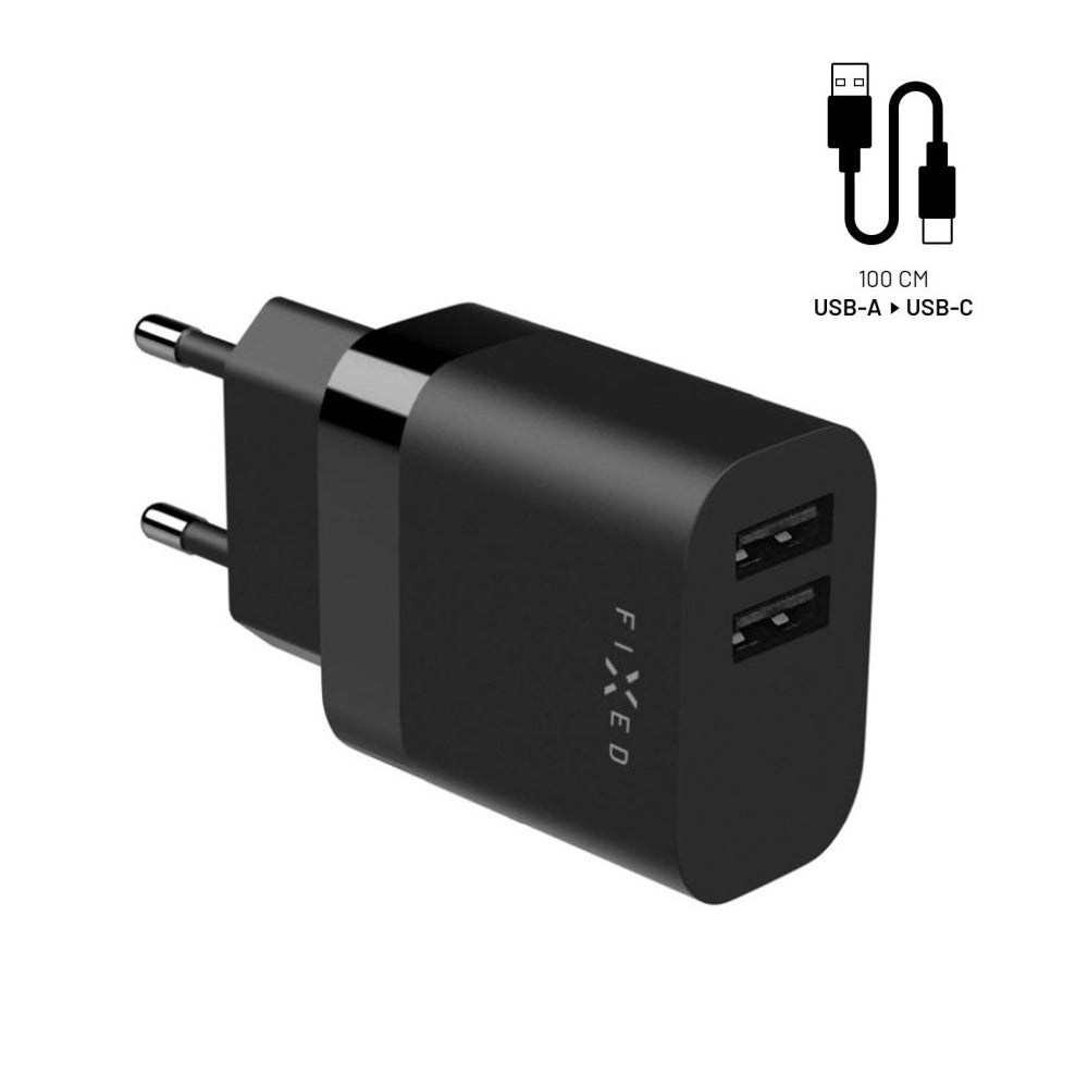 Incarcator Retea Cu Cablu USB-C Fixed, 17W, 3A, 2 x USB-A, Negru