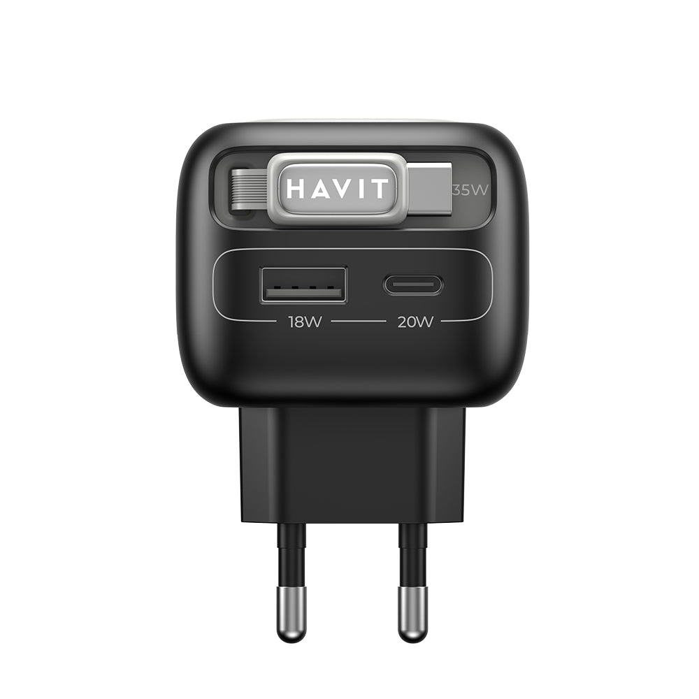 Incarcator Retea Cu Cablu USB-C HAVIT UC251, 35W, 3A, 1 x USB-A - 1 x USB-C, Negru Gri