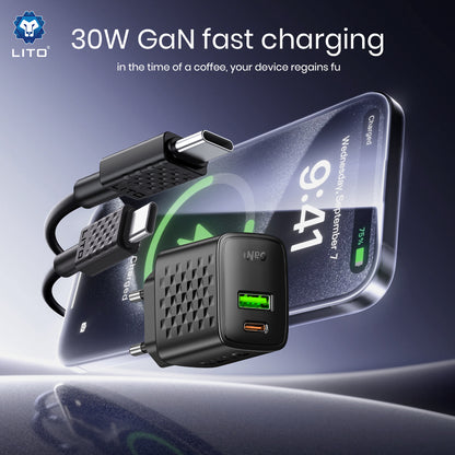 Incarcator Retea Cu Cablu USB-C Lito LC19T, 30W, 3A, 1 x USB-A - 1 x USB-C, Negru