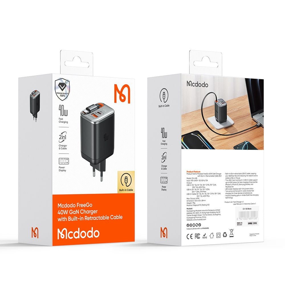 Incarcator Retea Cu Cablu USB-C McDodo CH-4281 FreeGo Display, 40W, 3A, 1 x USB-A - 1 x USB-C, Negru