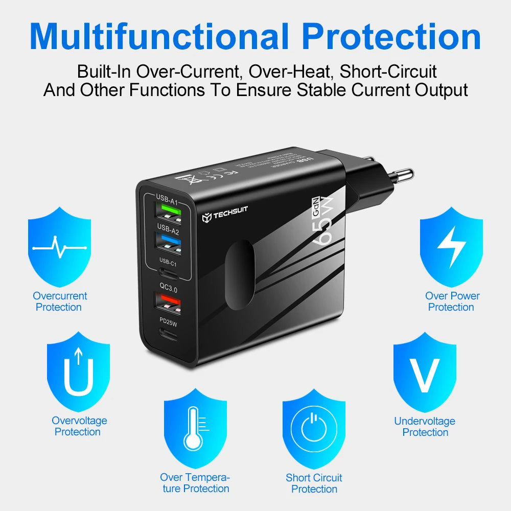 Incarcator Retea Cu Cablu USB-C Techsuit CHC1 PentaXPower, 25W, 3A, 3 x USB-A - 2 x USB-C, Alb