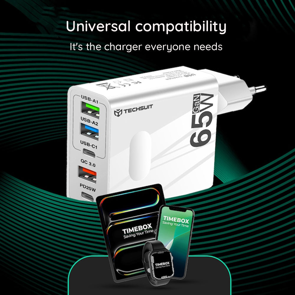 Incarcator Retea Cu Cablu USB-C Techsuit CHC1 PentaXPower, 25W, 3A, 3 x USB-A - 2 x USB-C, Negru