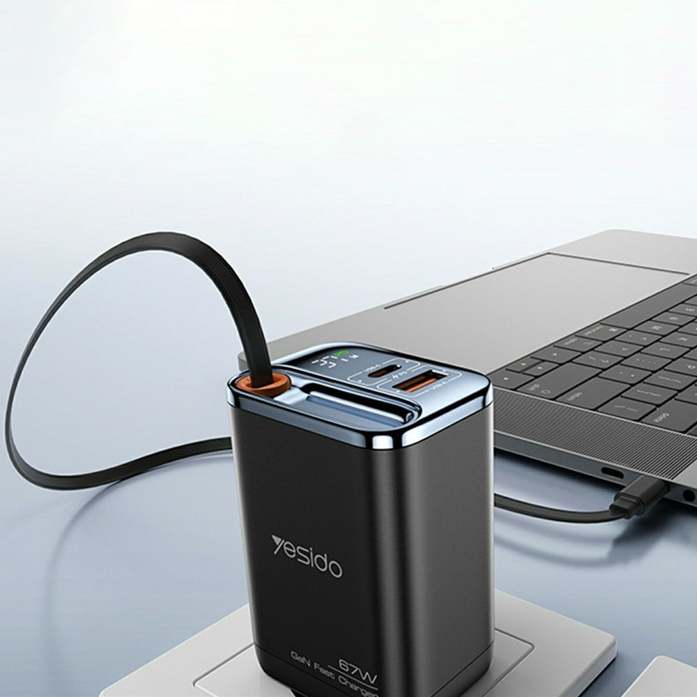 Incarcator Retea cu Cablu USB-C Yesido YC100 Display, 67W, 3.35A, 1 x USB-A - 1 x USB-C, Negru
