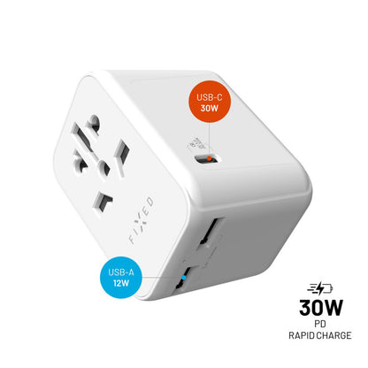 Incarcator Retea Fixed Travel, 30W, 3A, 2 x USB-A - 1 x USB-C, Alb