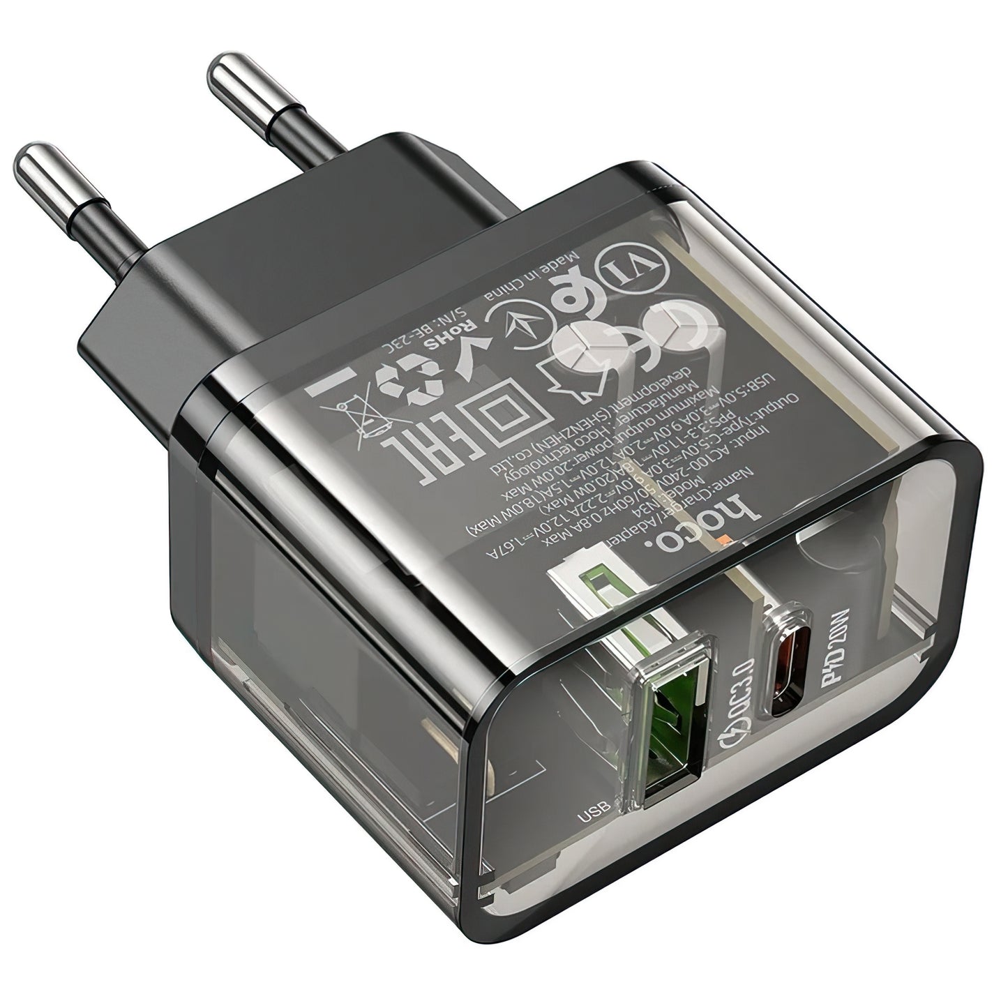 Incarcator Retea HOCO N34, 20W, 3A, 1 x USB-A - 1 x USB-C, Transparent