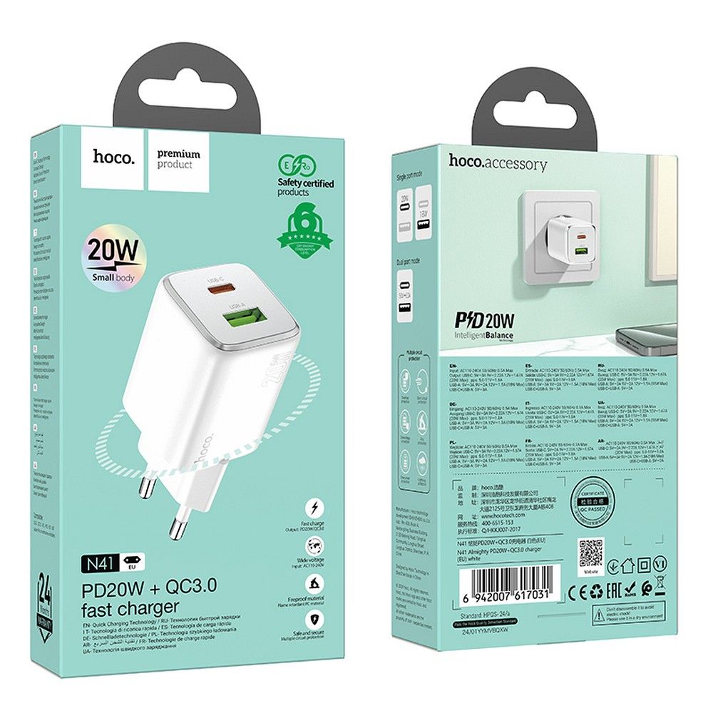 Incarcator Retea HOCO N41, 20W, 3A, 1 x USB-A - 1 x USB-C, Alb