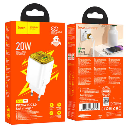 Incarcator Retea HOCO N52, 20W, 3A, 1 x USB-A - 1 x USB-C, Alb