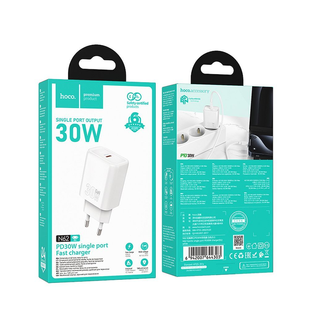 Incarcator Retea HOCO N62, 30W, 3A, 1 x USB-C, Alb